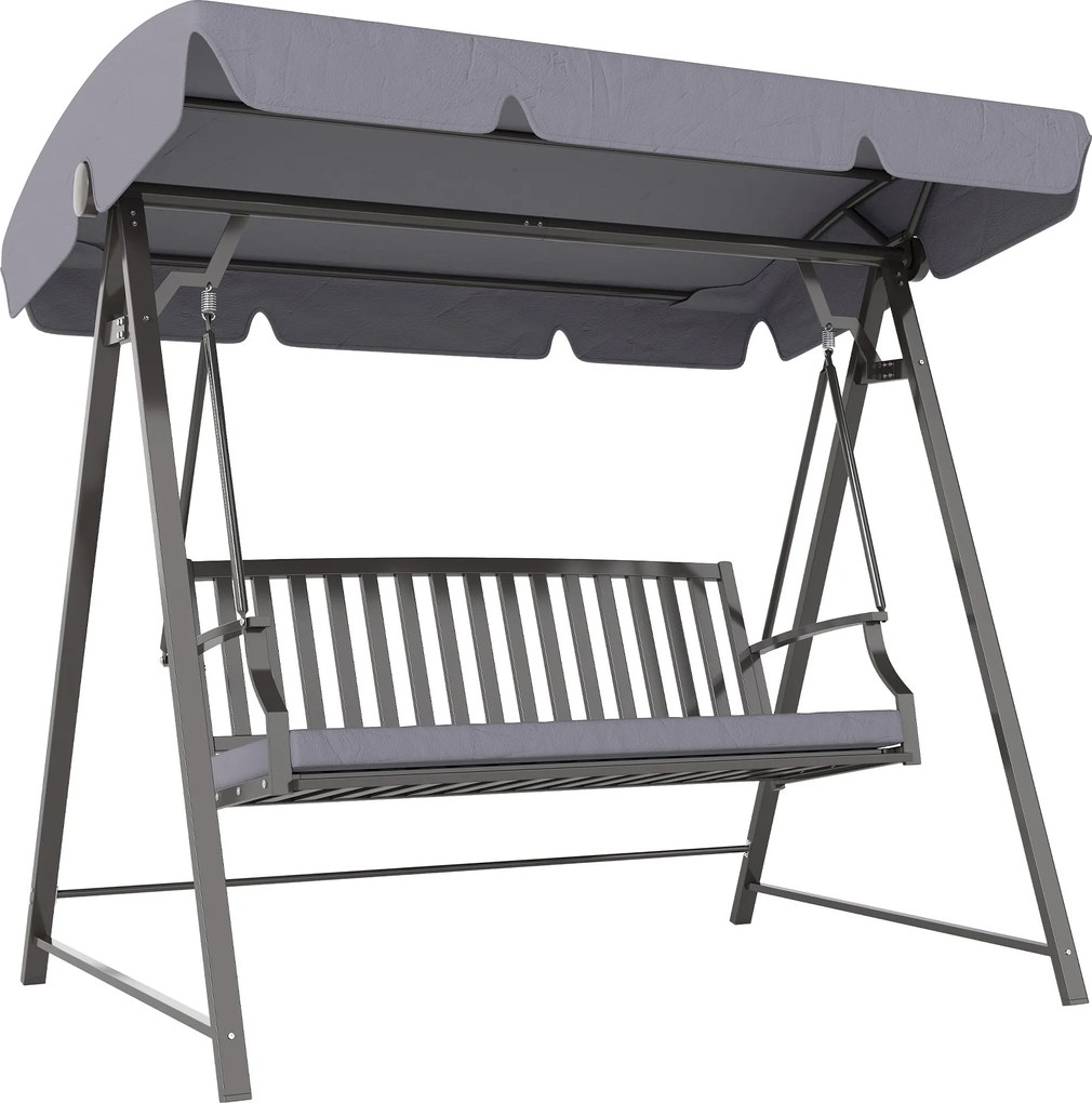Baloiço de Jardim para 3 Pessoas Banco Baloiço com Toldo Ajustável Almofada e Estrutura de Aço 205x133x181 cm Cinzento