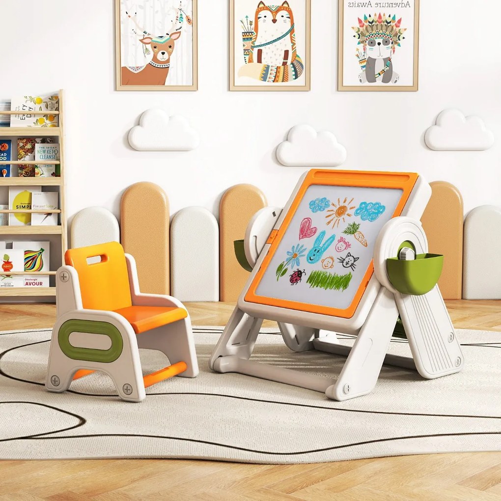 Conjunto de mesa e cadeira para crianças 6 em 1 Multi-atividade Cavalete dobrável para crianças com superfície reversível e ranhura laranja