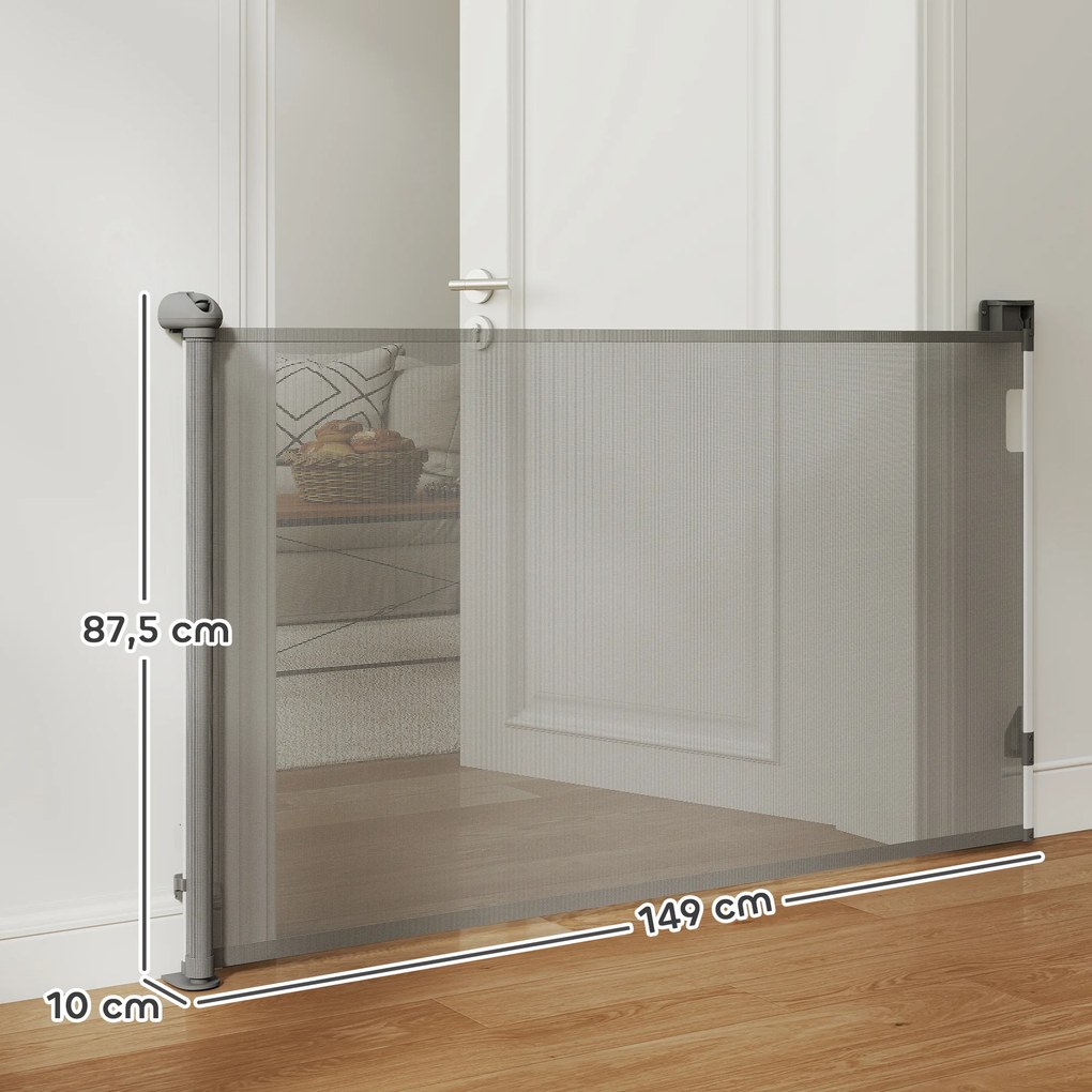 Barreira retrátil para cães, largura 149 cm, bloqueio automático - cinzenta