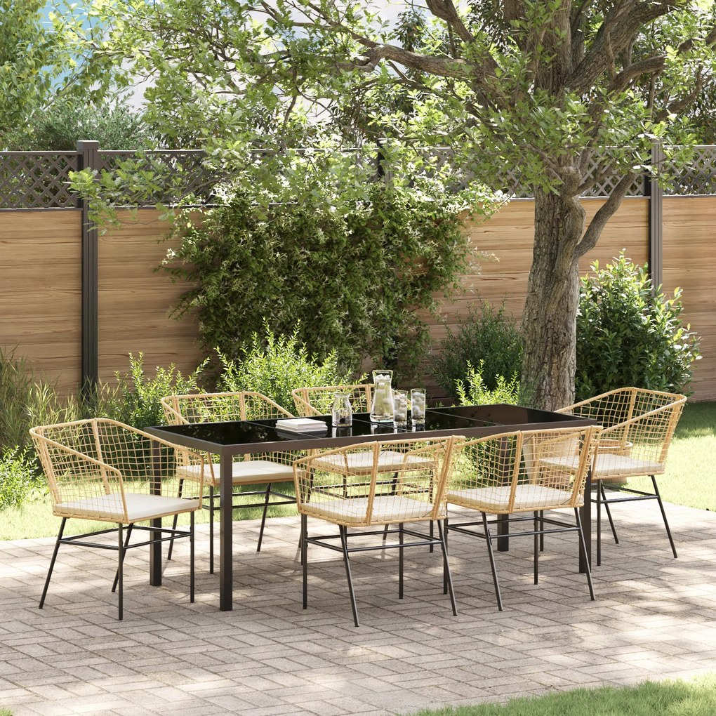 vidaXL Conjunto de 7 Peças de Jantar para Jardim com Almofadas Castanho Rattan PE