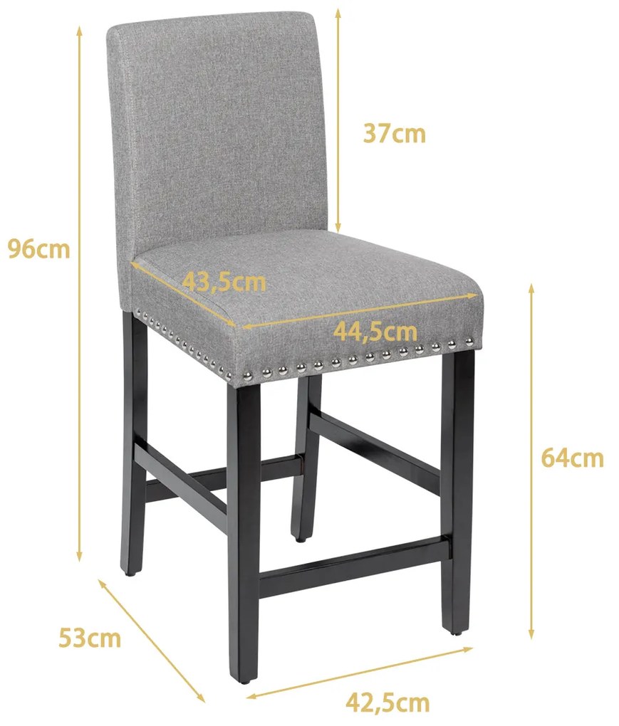 Conjunto de 2 bancos de bar em altura de balcão com pernas de madeira em tecido de linho respirável para cozinha 42,5 x 53 x 96 cm Cinzento