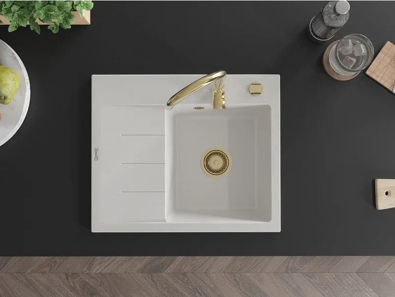 Mexen Ben lava-louça de granito de 1 cuba com escorredor, direito 600 x 500 mm, branco, sifão dourado - 6523605000-20-G