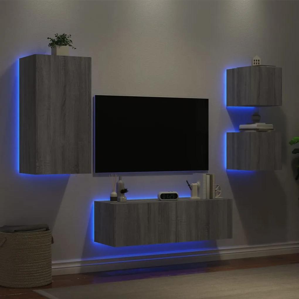 4 pcs móveis de parede para TV com luzes LED cinzento sonoma