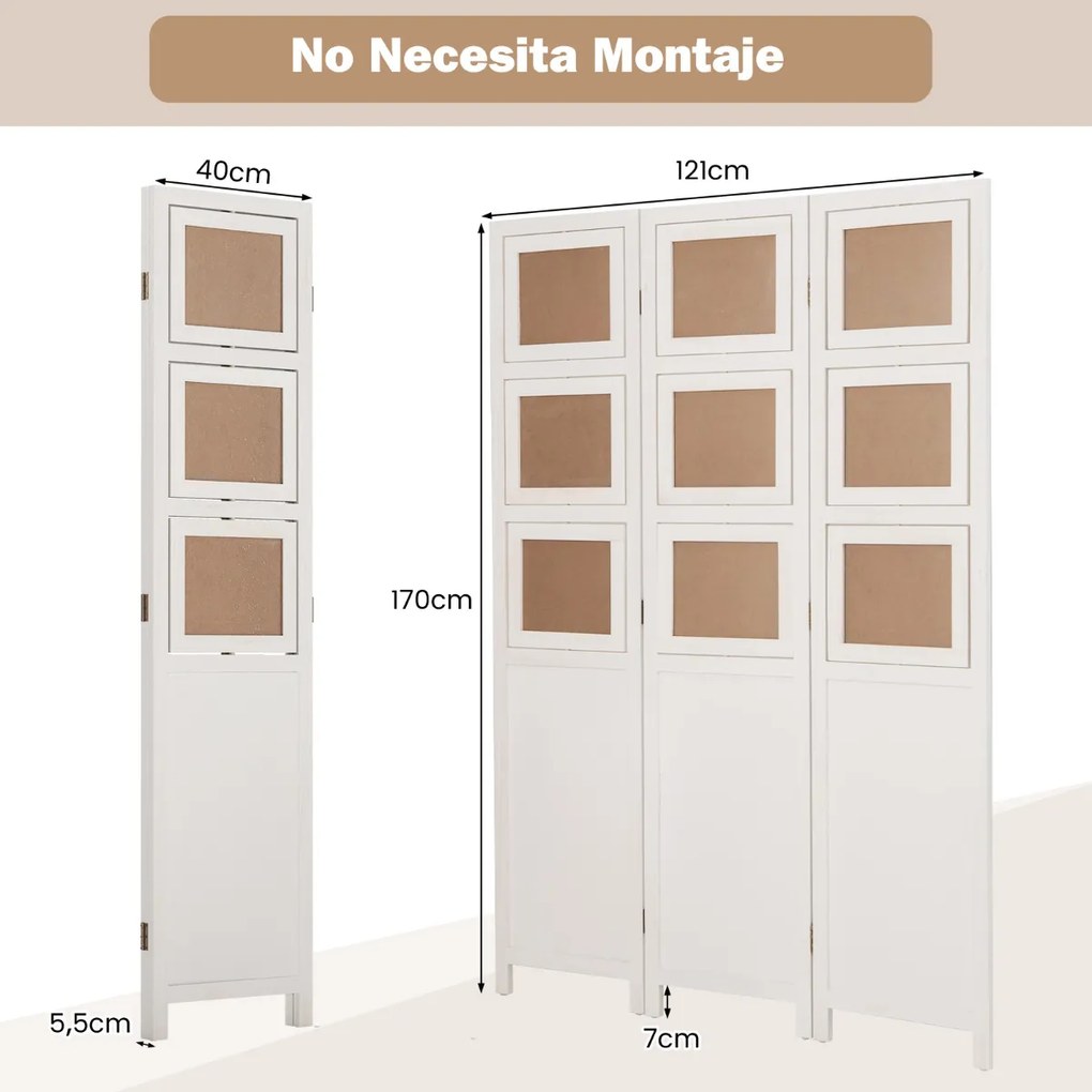 Biombo com 9 Molduras Giratórias 121 x 170 cm de 3 Painéis s para Casa Escritório Branco