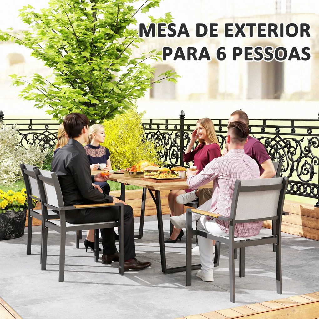 Mesa de Refeição para Jardim Retangular 175x80x75 cm com Orifício para Chapéu de Sol e Bancada em Ripas Madeira