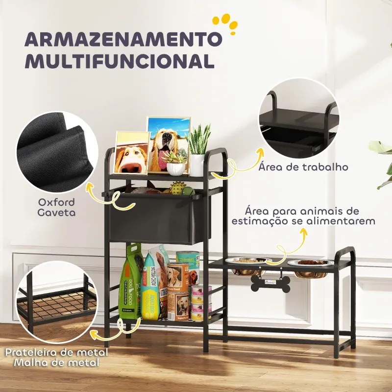 Comedouro Elevado para Cães com Gaveta em Tecido 2 Taças de Aço Inoxidável 2x800 ml 89,5x27x74 cm Altura Ajustável 2 Prateleiras Preto