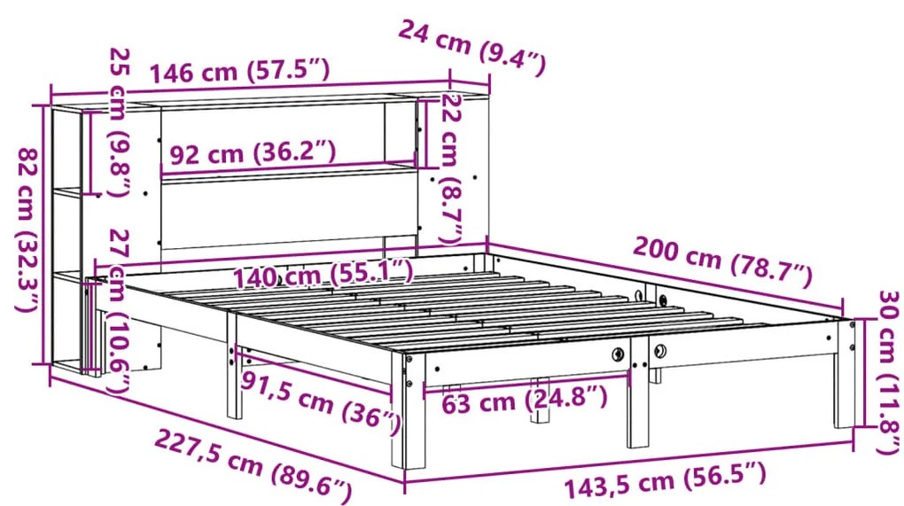 Cama com estante sem colchão 140x200 cm pinho maciço
