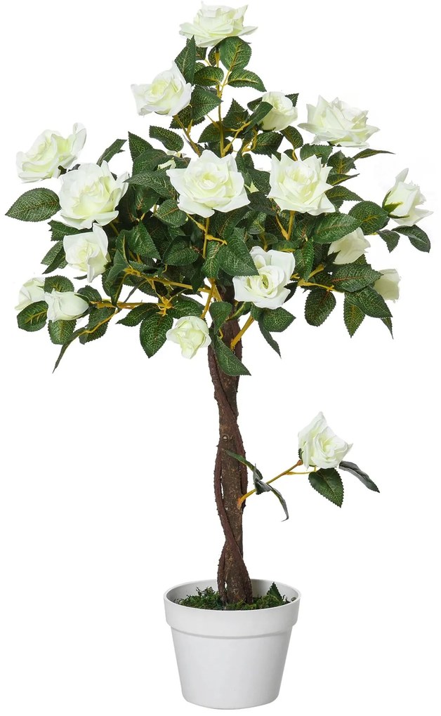Outsunny Planta artificial de 90 cm Rosa branca realista com 21 flores e 350 folhas Pote de cimento incluído para interior e exterior
