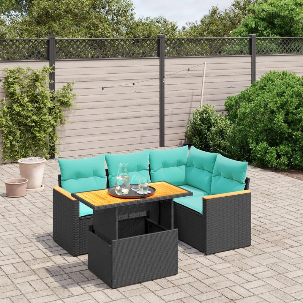 vidaXL 5 pcs conjunto de sofás p/ jardim c/ almofadões vime PE preto