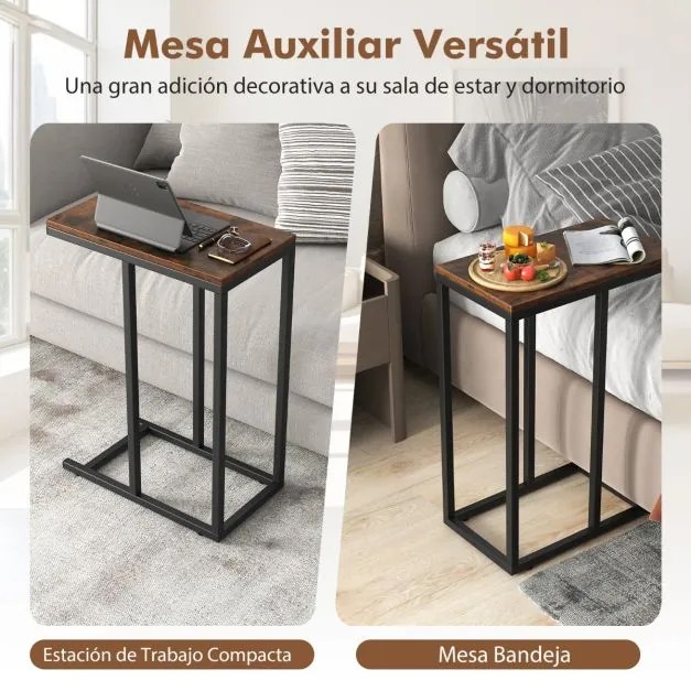 Mesa de apoio em forma de C para sofá e cama Altura 64 cm com estrutura metálica para sala de estar Espaços pequenos Castanha