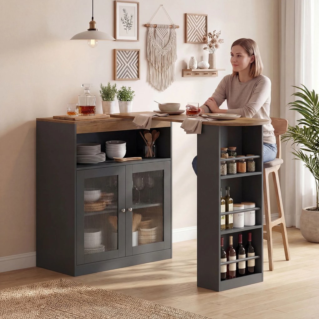 Mesa de Bar Extensível e Giratória 360° com Prateleiras Abertas e 2 Portas de Vidro 150x80x105,5 cm Preto e Madeira