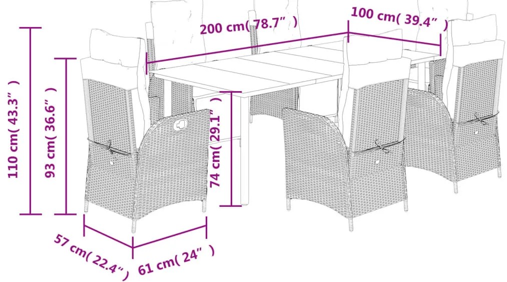 7 pcs conj. jantar jardim c/ almofadões vime PE bege misturado