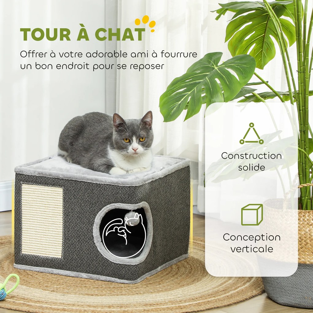 Barril para arranhar para gatos 45 C x 45 P x 35 A cm com plataforma superior, em pelúcia e sisal, 45 x 45 x 35 cm, cinzento antracite