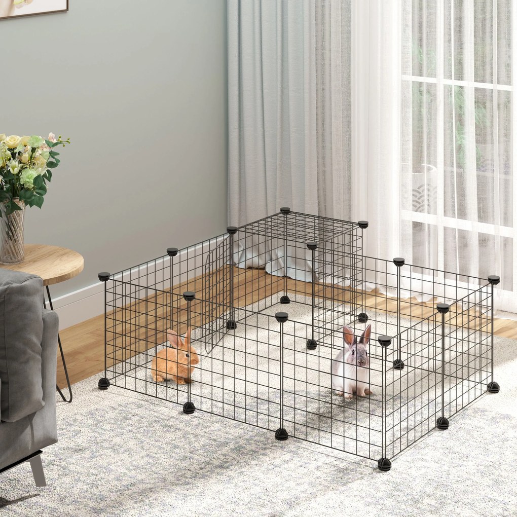 Cerca para Pequenos Animais DIY com 24 Painéis Parque para Animais de Estimação com Grade Metálica Gaiola Modular para Coelhos Chinchilas 105x105x70cm