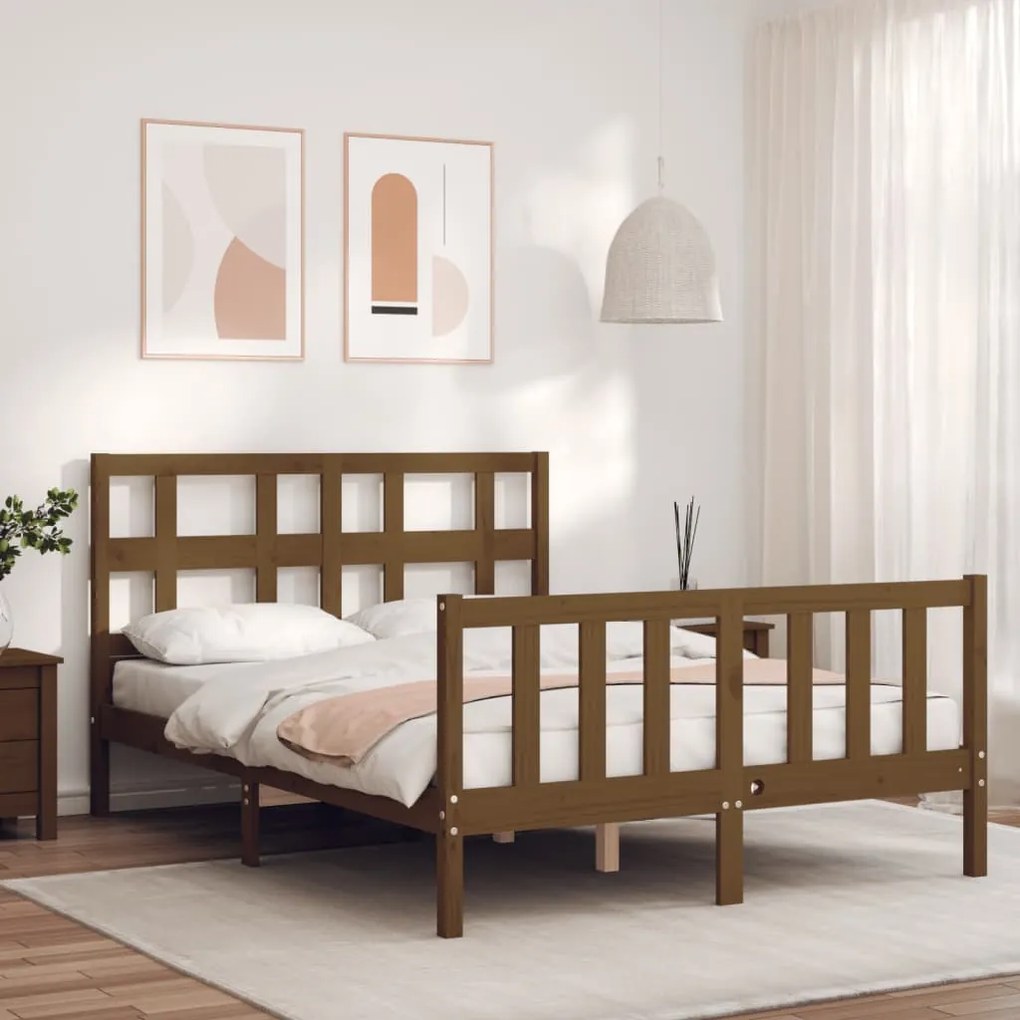 Estrutura de cama dupla pequena 4FT madeira maciça castanho-mel