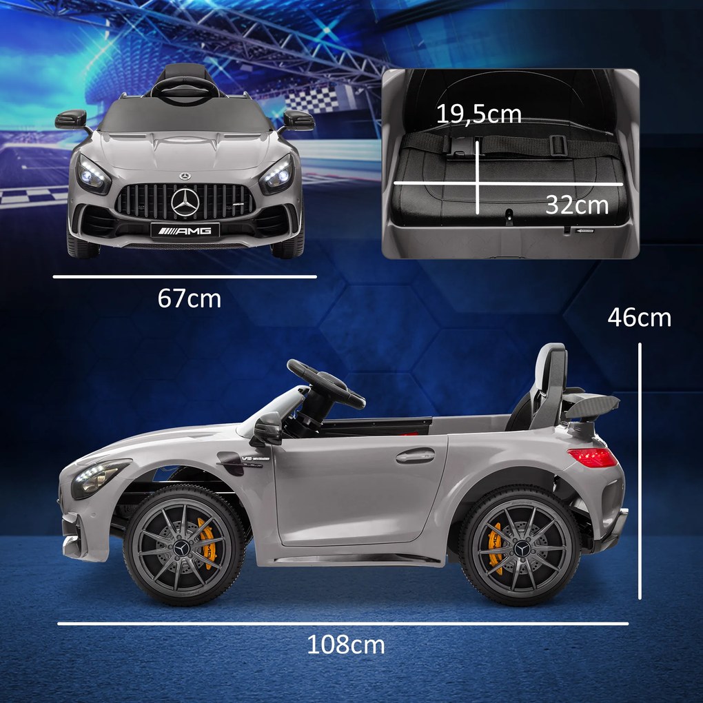 Carro Elétrico para Crianças Carro Mercedes-Benz AMG GTR com Bateria 12V Faróis Buzina e Música 108x67x46 cm Prata