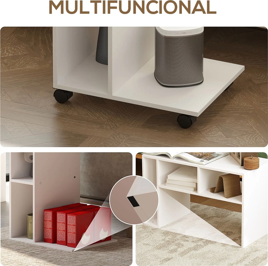 Mesa Auxiliar em Forma de C Mesa Auxiliar para Sofá com Rodas Comparti