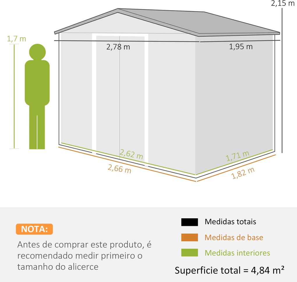 Abrigo de Jardim 4,84 m² 278x195x215 cm Abrigo de Jardim com 2 Portas de Correr e 4 Janelas de Ventilação Madeira e Castanho
