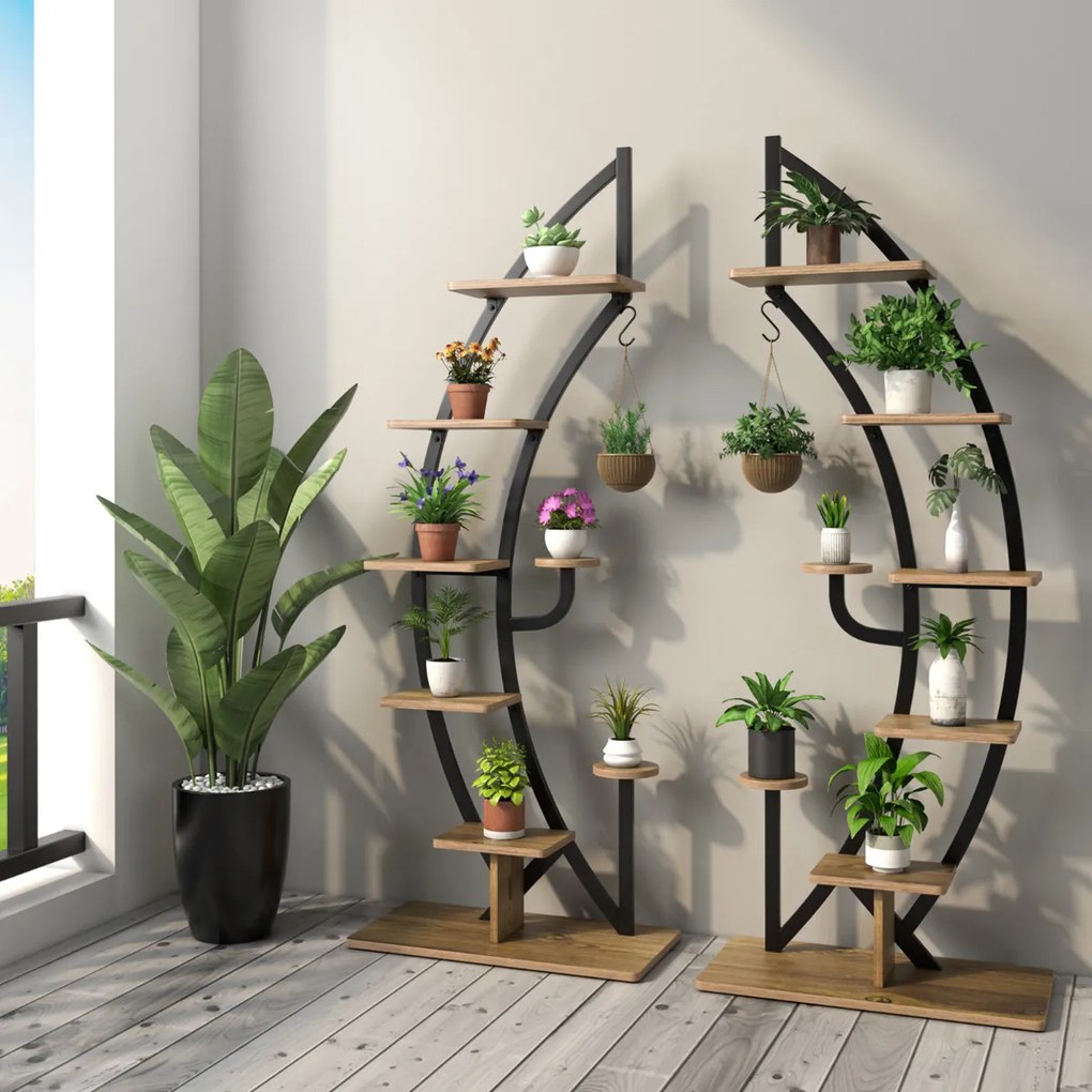 Conjunto de 2 Estantes Metálicas para Plantas 7 Níveis em Forma de Crescente Curvo com Gancho para Varanda 60x30x155 cm Natural