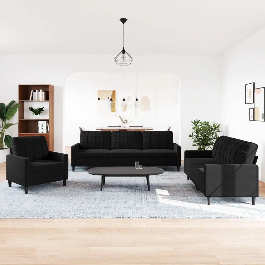 3 pcs conjunto de sofás com almofadões veludo preto