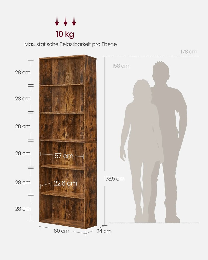 Estante de livros, com 6 prateleiras 24 x 60 x 178,5 cm castanho vintage