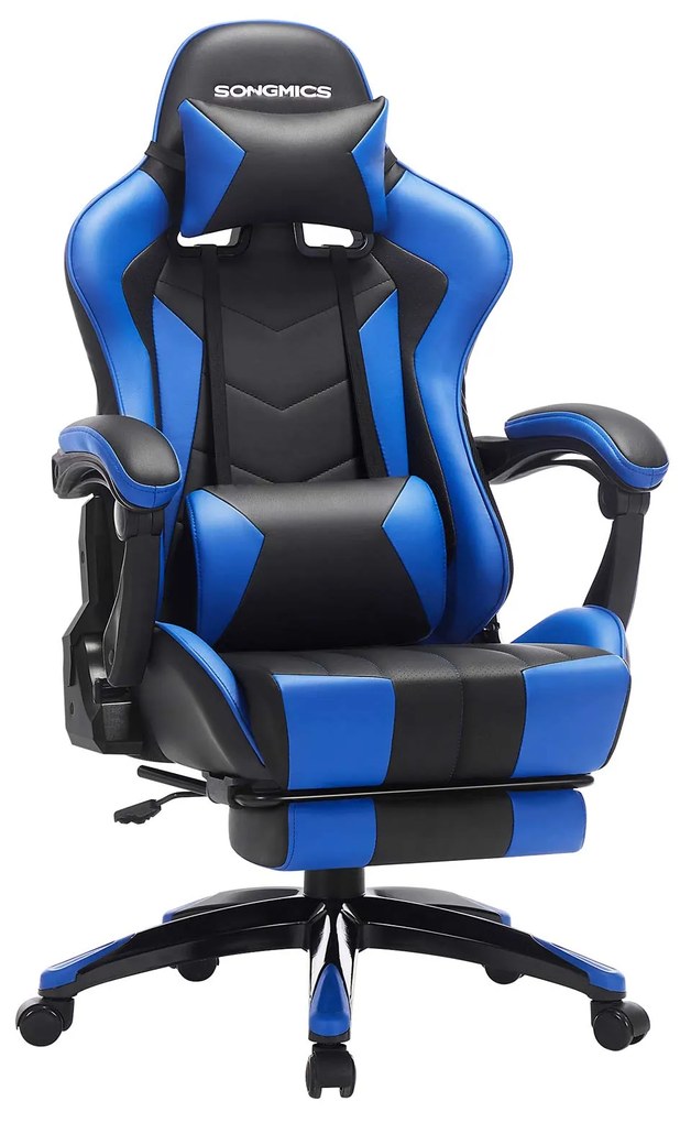 Cadeira Gamer SONGMICS, Cadeira Ergonômica de Escritório, Cadeira de Mesa, Apoio para os Pés Extensível, Ângulo de Inclinação de 90° a 135°, Carga Máxima de 150 kg, Preta/Azul RCG026B01
