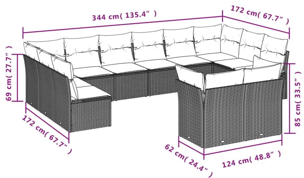 12 pcs conjunto de sofás de jardim c/ almofadões vime PE preto