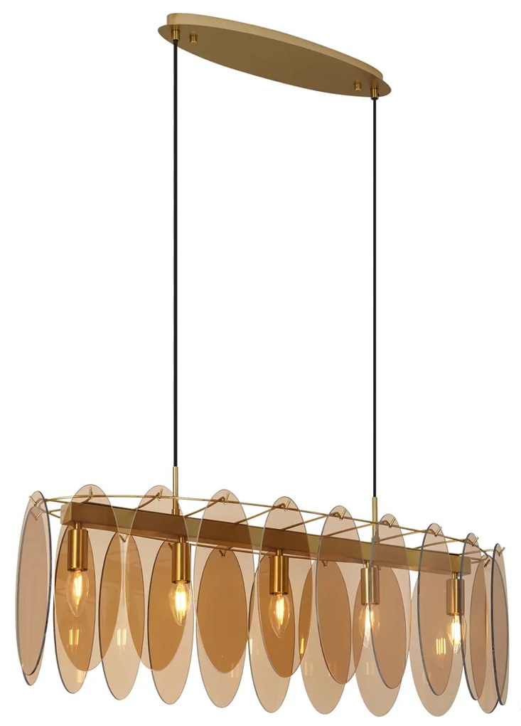 Candeeiro suspenso Art Deco dourado com vidro âmbar oval 5 luzes - Mochan Art Deco
