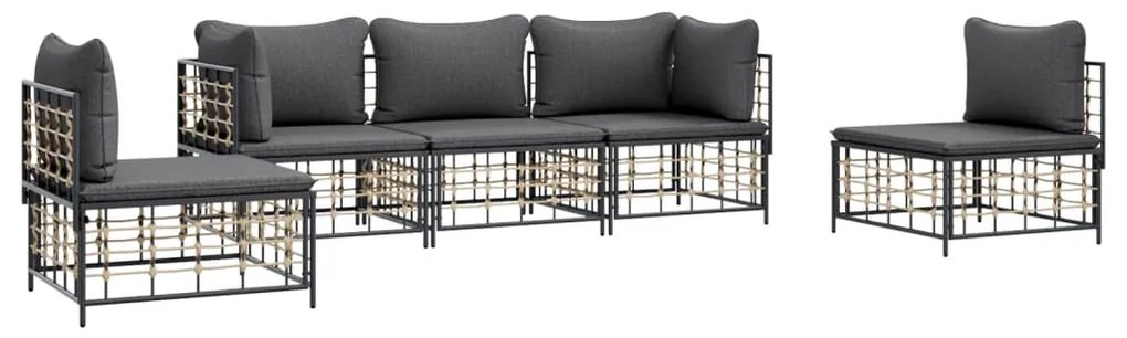 5 pcs conjunto lounge de jardim c/ almofadões vime PE antracite