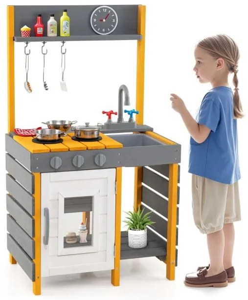 Cozinha de brinquedo ao ar livre com 3 ganchos para pendurar, 2 bocas para crianças, conjunto de cozinha de brinquedo, pia removível e prateleiras abertas, natural
