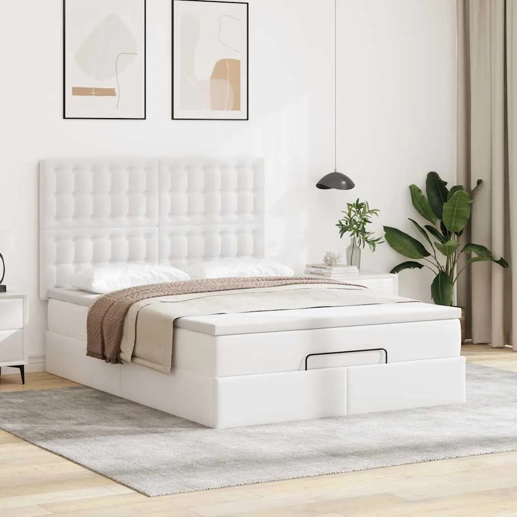 Estrutura de cama otomana com colchão branco couro falso