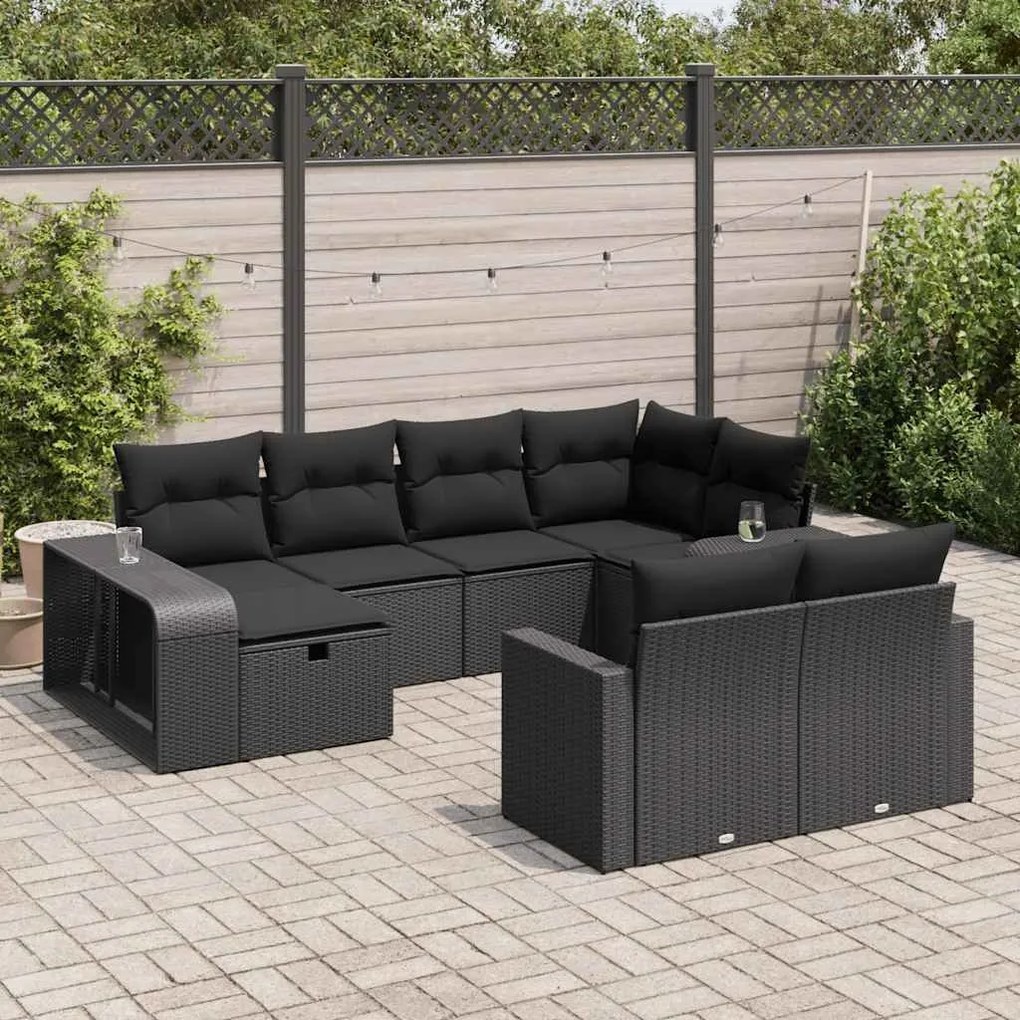 10 pcs conjunto sofás de jardim c/ almofadões vime PE preto