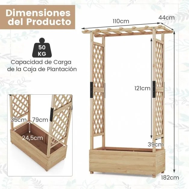 Floreira jardim elevada de madeira com treliça em arco Furo de drenagem 110 x 44 x 182 cm Natural