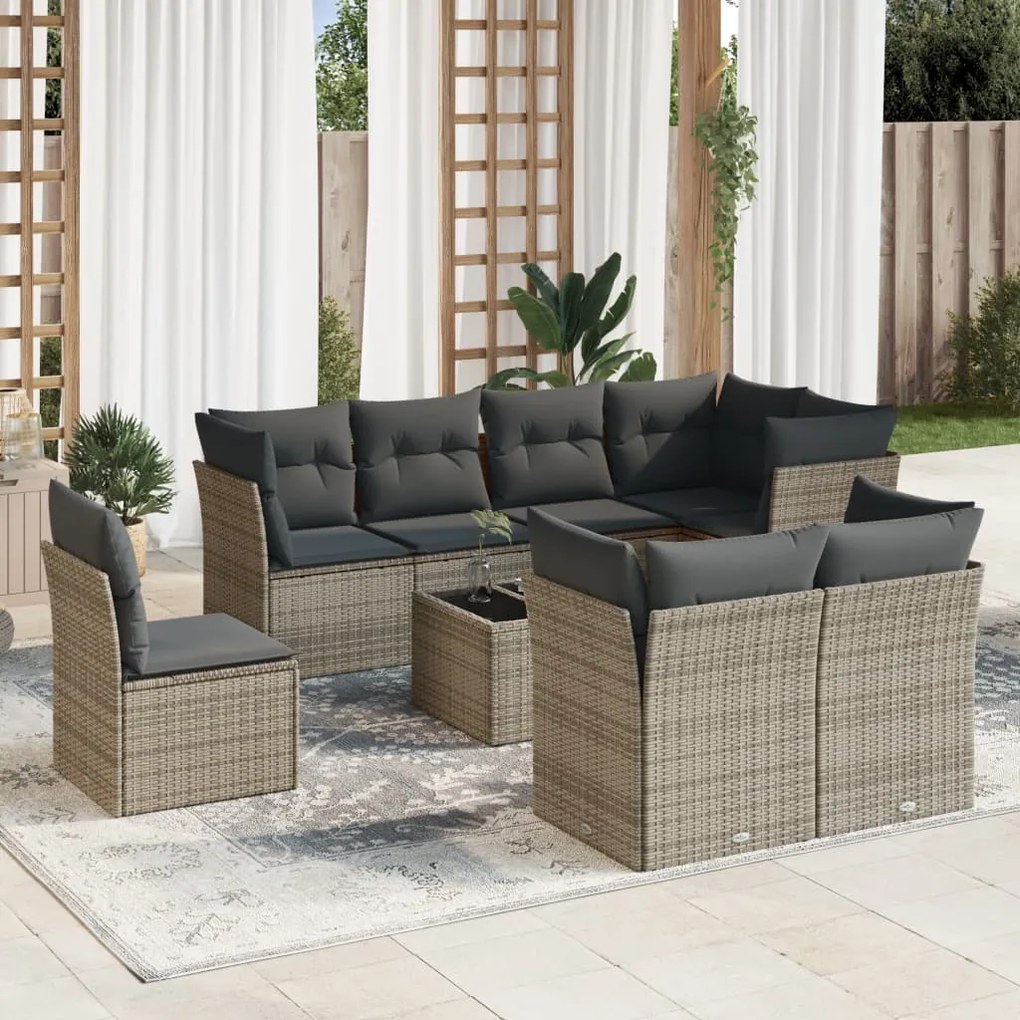 9 pcs conjunto sofás p/ jardim com almofadões vime PE cinzento