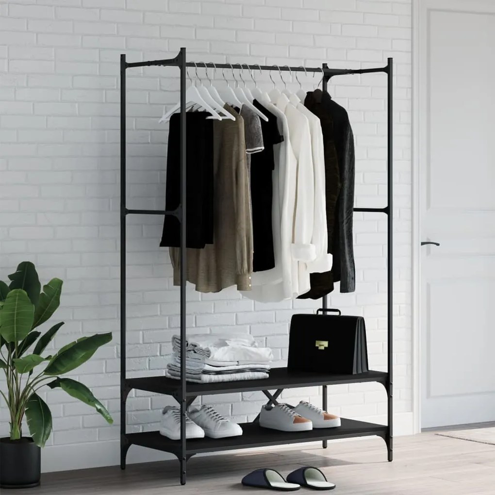 vidaXL Suporte para roupas c/ prateleiras derivados de madeira preto