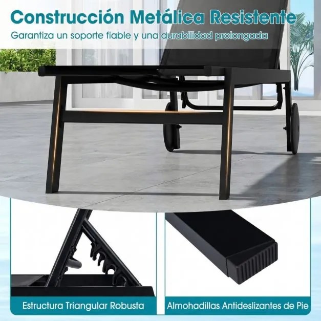 Espreguiçadeira de jardim com encosto ajustável em 6 posições, reclinável para piscina, terraço e jardim Preto