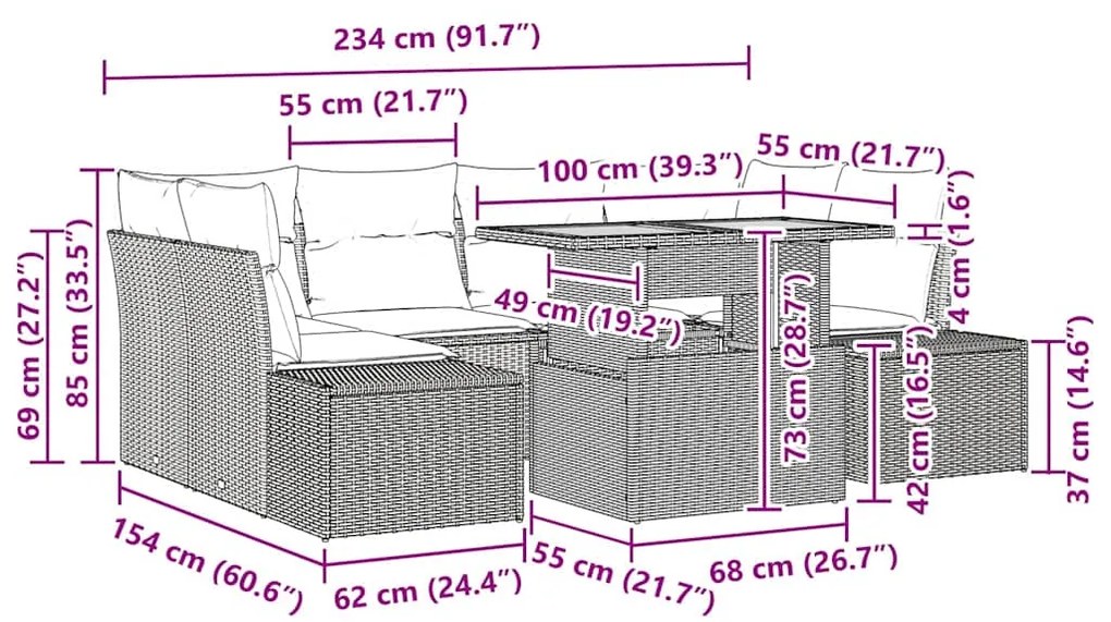 Conjunto de Jantar de Jardim com 7 Peças e Almofadas Beijinhas em Ratt