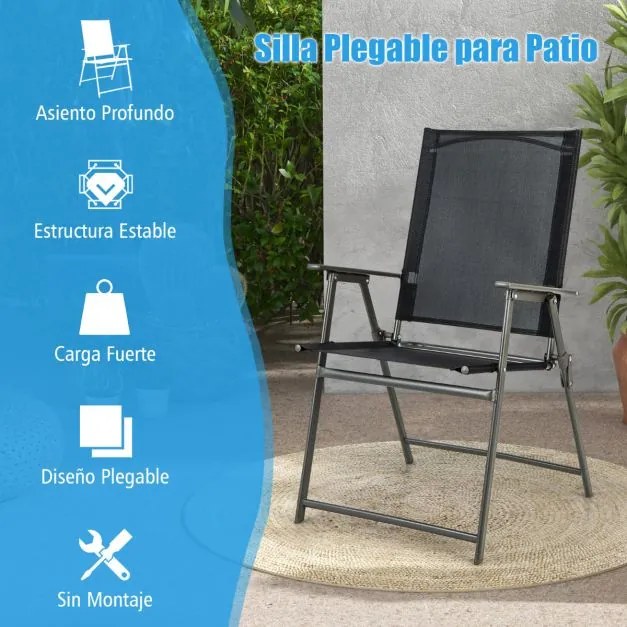 Conjunto de 2 cadeiras de jardim dobráveis com encosto alto Cadeira de jardim exterior portátil em metal de tecido resistente Pretas