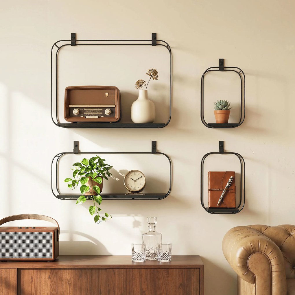 Conjunto de 4 Prateleiras de Parede Geométricas, 43 x 12 x 32 cm, Estrutura em Metal, Pretas