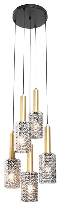 Candeeiro de suspensão dourado com vidro fumê redondo 5-luzes - Elva Art Deco