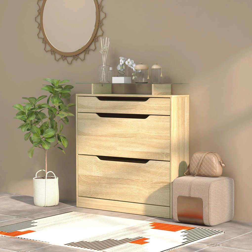 Sapateira 89 x 23 x 96 cm com 2 gavetas rebatíveis + 1 gaveta deslizante + 1 balcão e 1 prateleira de vidro ajustável cor carvalho