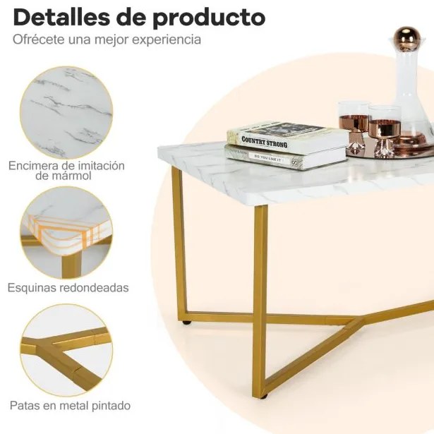 Mesa de Centro 107 x 60 x 45,5 cm com Superfície em Imitação de Mármore 107 x 60 x 45,5 cm Branca e dourada