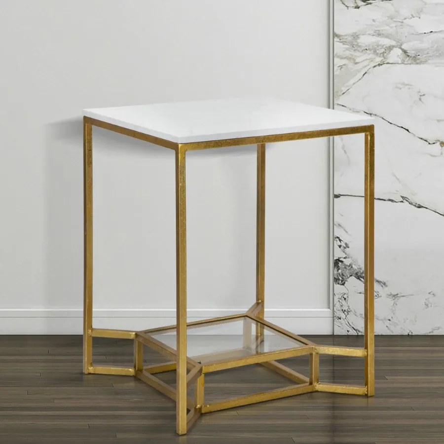 MESA DE CENTRO EM MÁRMORE 47X47X60 CM DOURADO E BRANCO
