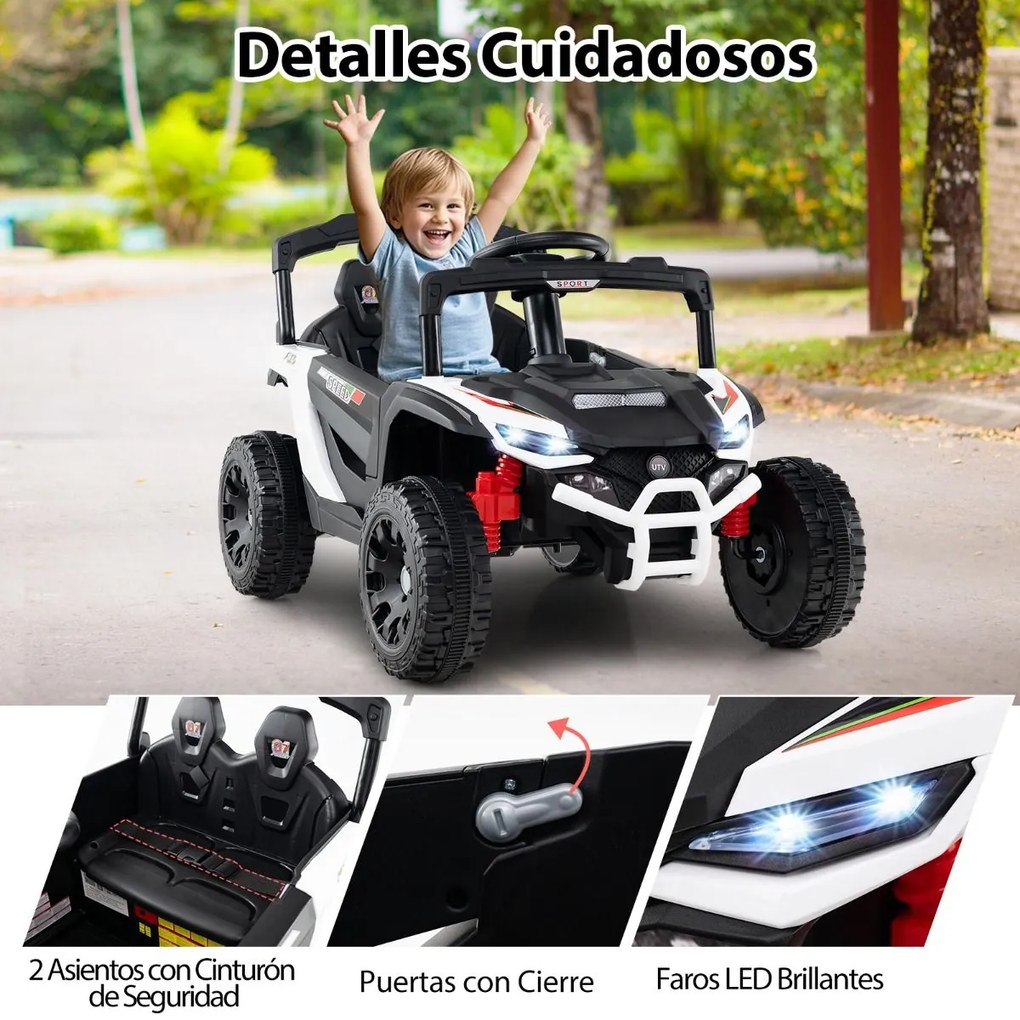 Carro elétrico infantil de 12 V, com comando à distância, 3 velocidades, luzes LED, música, buzina, veículo a bateria para crianças, Branco