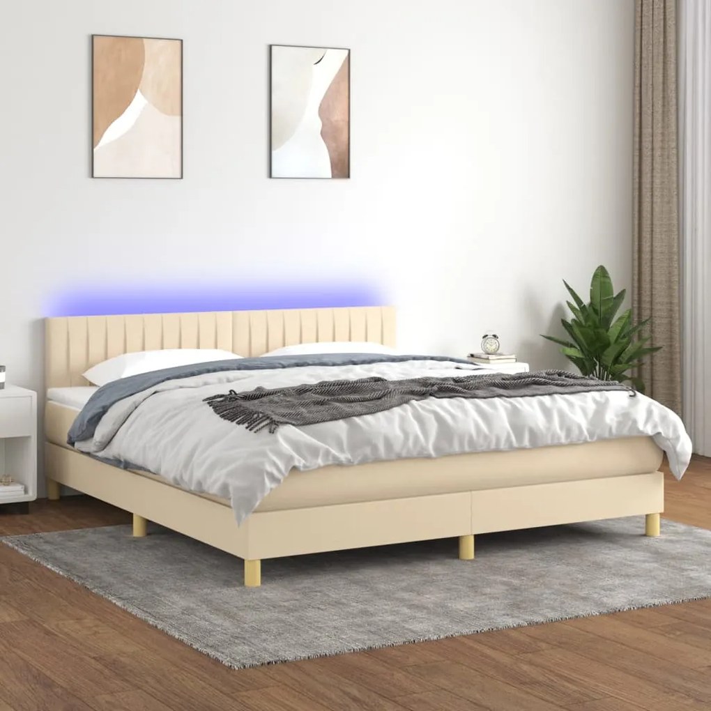 Cama box spring c/ colchão e LED 160x200 cm tecido cor creme