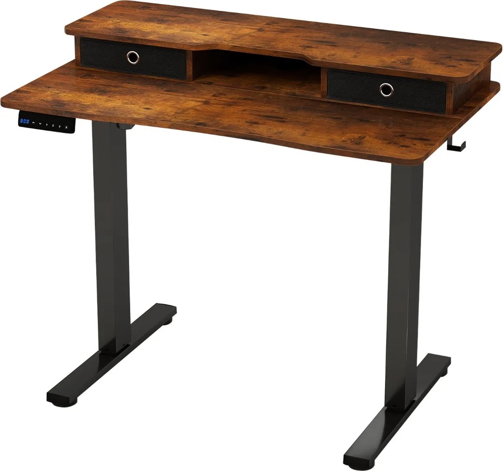 Secretária elétrica com pé 100 x 60 cm com 2 gavetas, altura ajustável e suporte para monitor Castanha