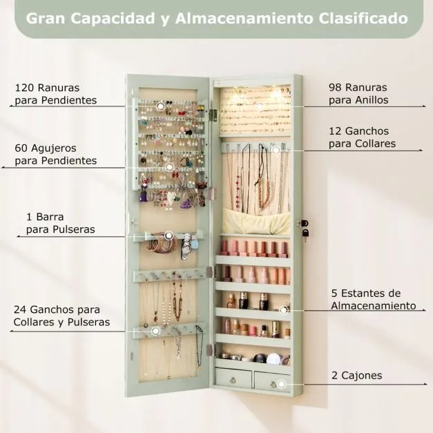 Armário de joias em madeira com espelho de parede e LED interno Organizador de porta ou parede com chave 35,5 x 10 x 120 cm Verde Claro