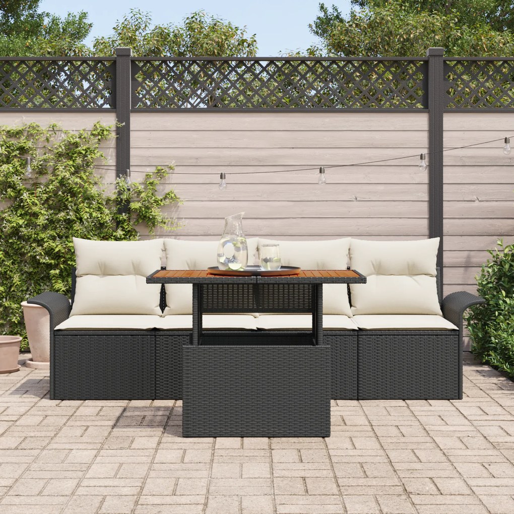 Conjunto de Sofás de Jardim vidaXL 5 Peças com Almofadas Preto Vime PE