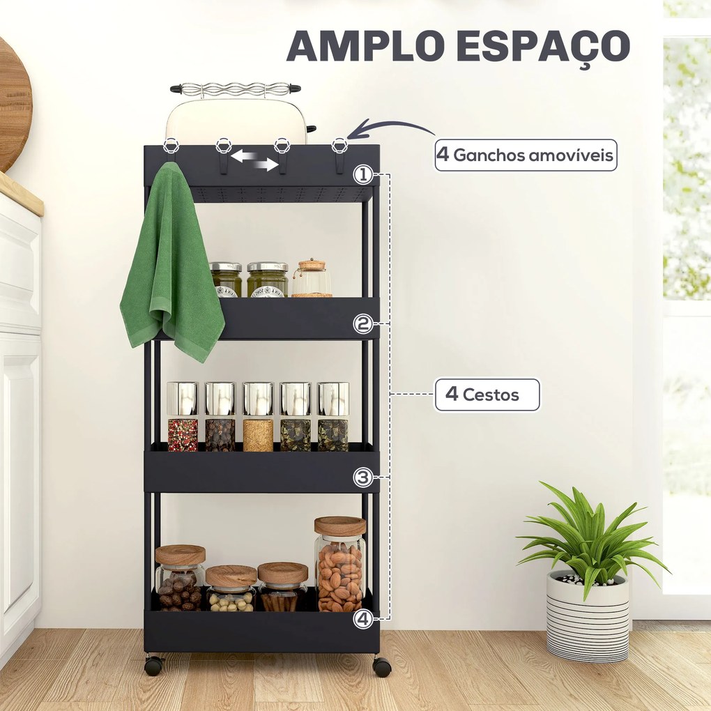 Carrinho Auxiliar com Rodas Carrinho de Armazenamento com 4 Cestas e 4 Ganchos Amovíveis 40x19x90 cm Preto