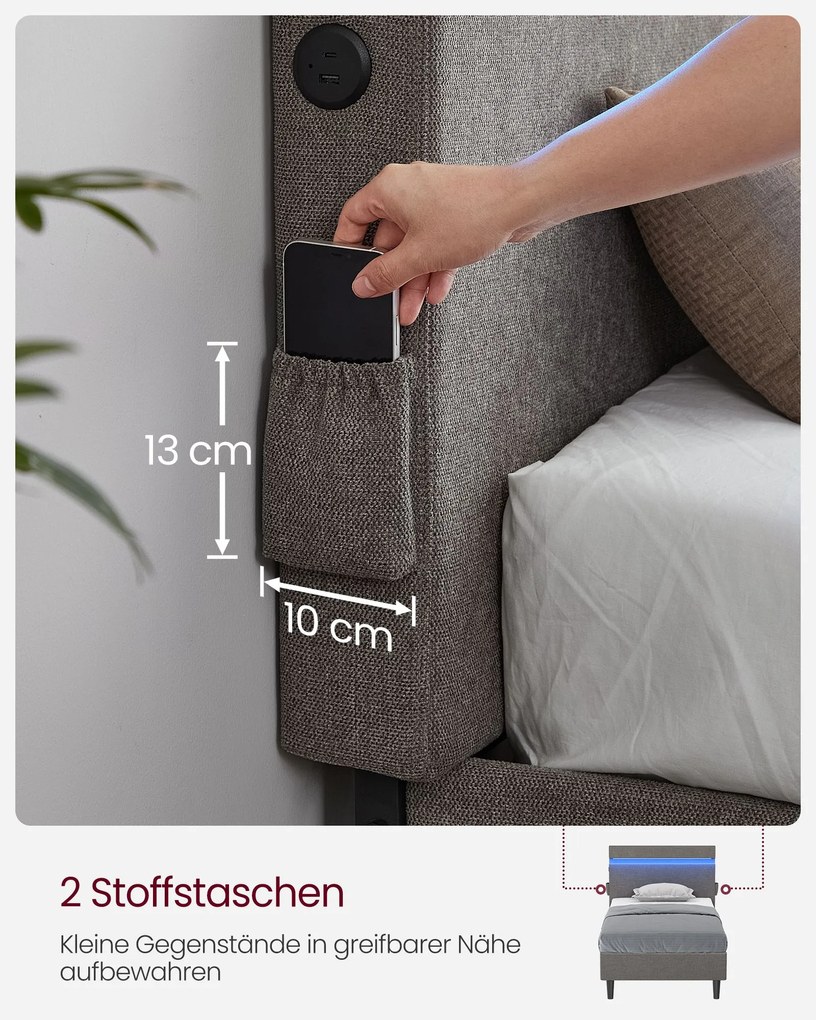 Cama de casal metálica 140 x 190 cm Iluminação LED com Portas USB e TYPE-C cinzento escuro